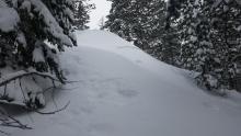 A small, shallow, natural triggered storm slab. Ski cuts immediately adjacent to this, and on a similar feature nearby, did not produce further propagation.