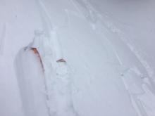 Small wind slab test slope failure on undercut slope, S aspect, 9300'.
