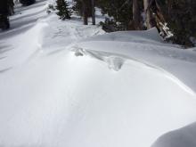 Minor wind loading of E aspect with small cornice formation from the recent W/SW winds. 