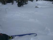 Small wind slab triggered by a ski kick on a wind-loaded test slope on the far east ridge of Tamarack Peak.