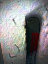 False color image showing small skier triggered cracking due to the surface hoar failure in an area where the 4cm of snow above the surface hoar was slightly denser. N aspect 7600 ft. 