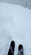The first of two intentionally skier triggered wind slabs in E aspect terrain above treeline. Two foot crown.