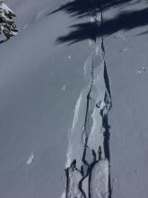 Above treeline the wind had compacted the new snow and made it very dense and slabby.