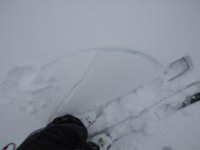 Cracking triggered while breaking trail below treeline. Early signs of the instability in the area.