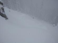 View from triggering location. 20' shooting crack to where avalanche occurred.