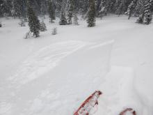 Small wind slab failure on a test slope. A second ski kick at the spot just after the photo was taken triggered a large whumpf.