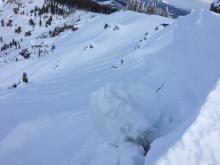Looking E along the crown at the point of the collapsed cornice.