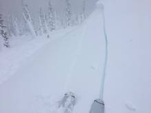 Reactive wind slab avalanche intentionally triggered by ski kick.  N aspect, 8600', wind loaded 35 degree slope.  D1 R4, 100' wide x 50' downslope.