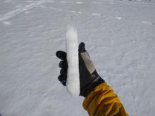 Thin melt freeze crust over dry snow on flat terrain at 8,350'.