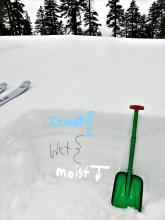 Thick frozen crust on top of wet snow.