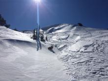 Variable snow surface conditions throughout area.