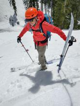 Boot-top deep wet snow on S-SE aspects in wind sheltered areas below treeline at 11:20
