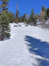 Isolated areas of smooth snow surface in wind sheltered terrain.