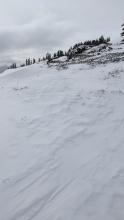 Some light wind scouring as the winds shifted to the W along the upper ridge of Silver Peak.