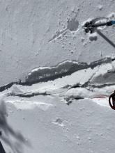 Breakable melt freeze crust on the surface early on the tour.