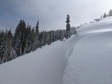 Impressive cornice overhang looming further up the ridge,