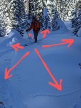 As we skinned through this area, the buried surface hoar collapsed and triggered a loud whumpf that propagated out in all directions. 