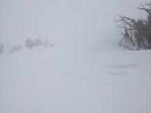 New snow and blowing snow obsurced visibility and made it difficult to see into larger terrain. We gave the larger a terrain a wide berth to make sure we did not accidentaly stray into, below, or near avalanche terrain.  