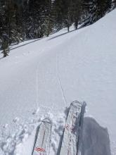 when I stepped onto this wind-loaded area on a low angle slope, I triggered shooting cracks the traveled 20+ ft out onto the larger slope. 