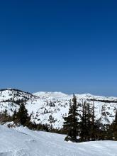 Looking NW into Desolation. There's a glide crack in the lower middle that I don't recall seeing in past years.
