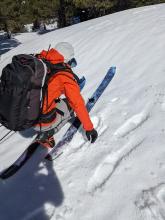 Sunny areas had a melt freeze crust on top of soft snow on top of a much thicker melt-freeze layer. 