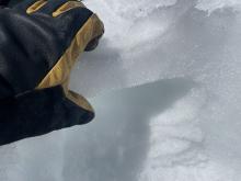 Thin melt freeze crust on SE aspect @ 8000'.